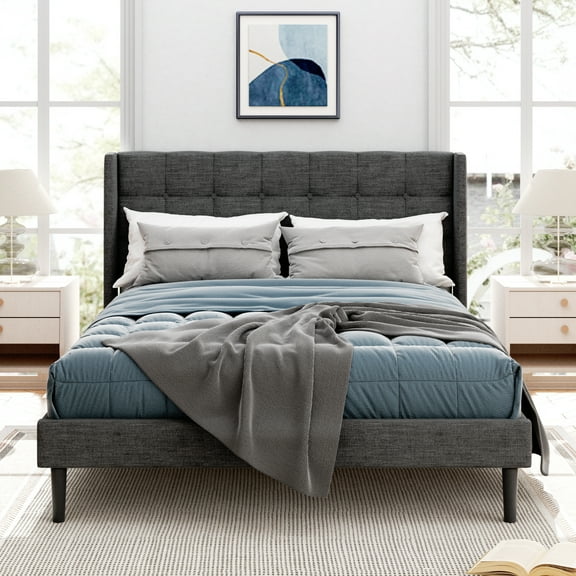 VIPLOV Queen Bed Frame with Box-Tufted Headboard and Upholstered Wingback, Modern Platform Bed Frame , Easy Assembly, Black