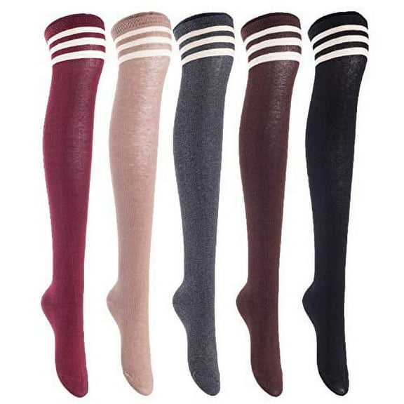 Lian LifeStyle Women's 5 Pairs Adorable Comfortable Soft Thigh High Over Knee High Cotton Socks Size 6-9 L1022(Black,Coffee,DG,Khaki,Wine)