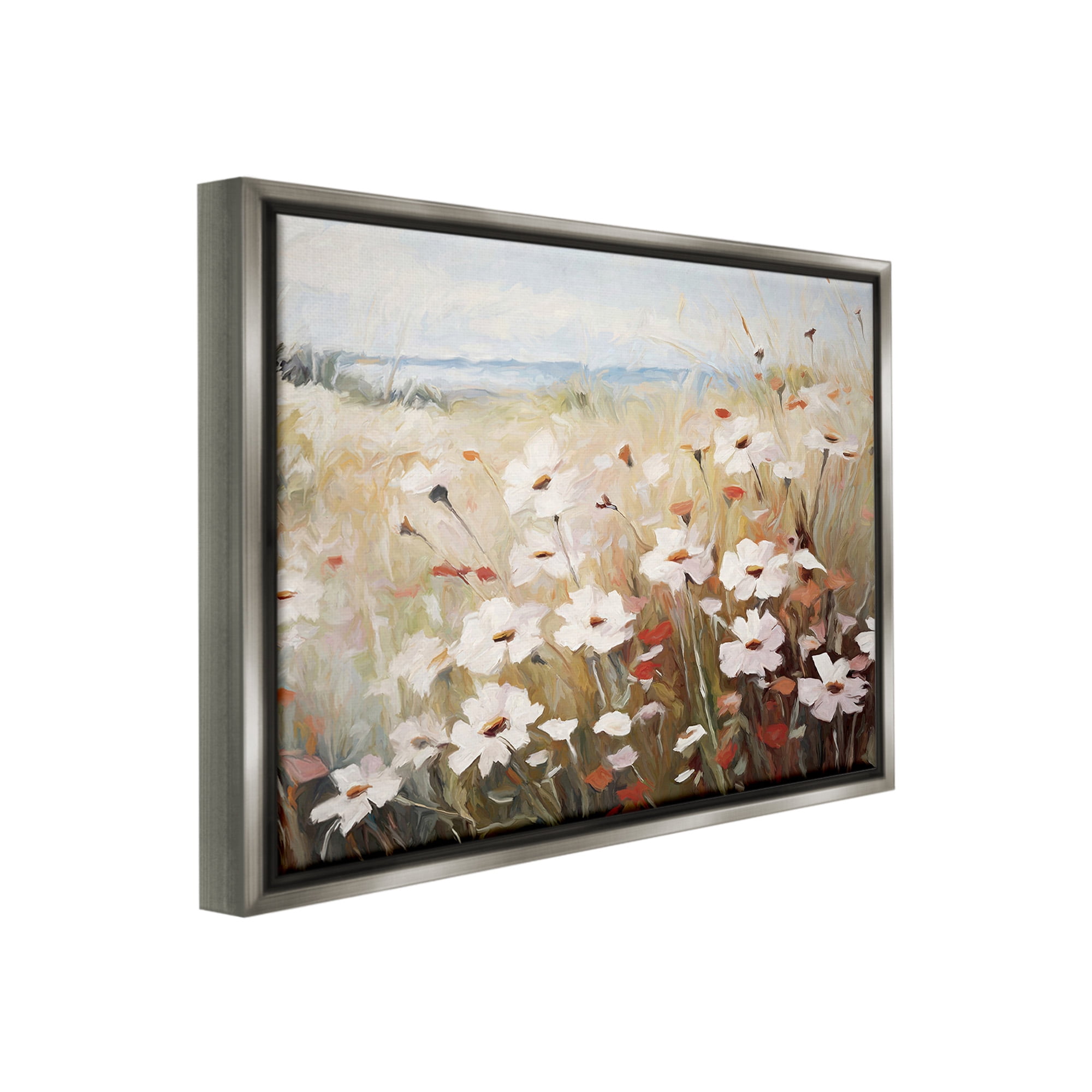Stupell Industries Windblown Meadow Flowers Botanical & Floral Painting Gray Floater Framed Canvas Art Print Wall Art, 21 x 17