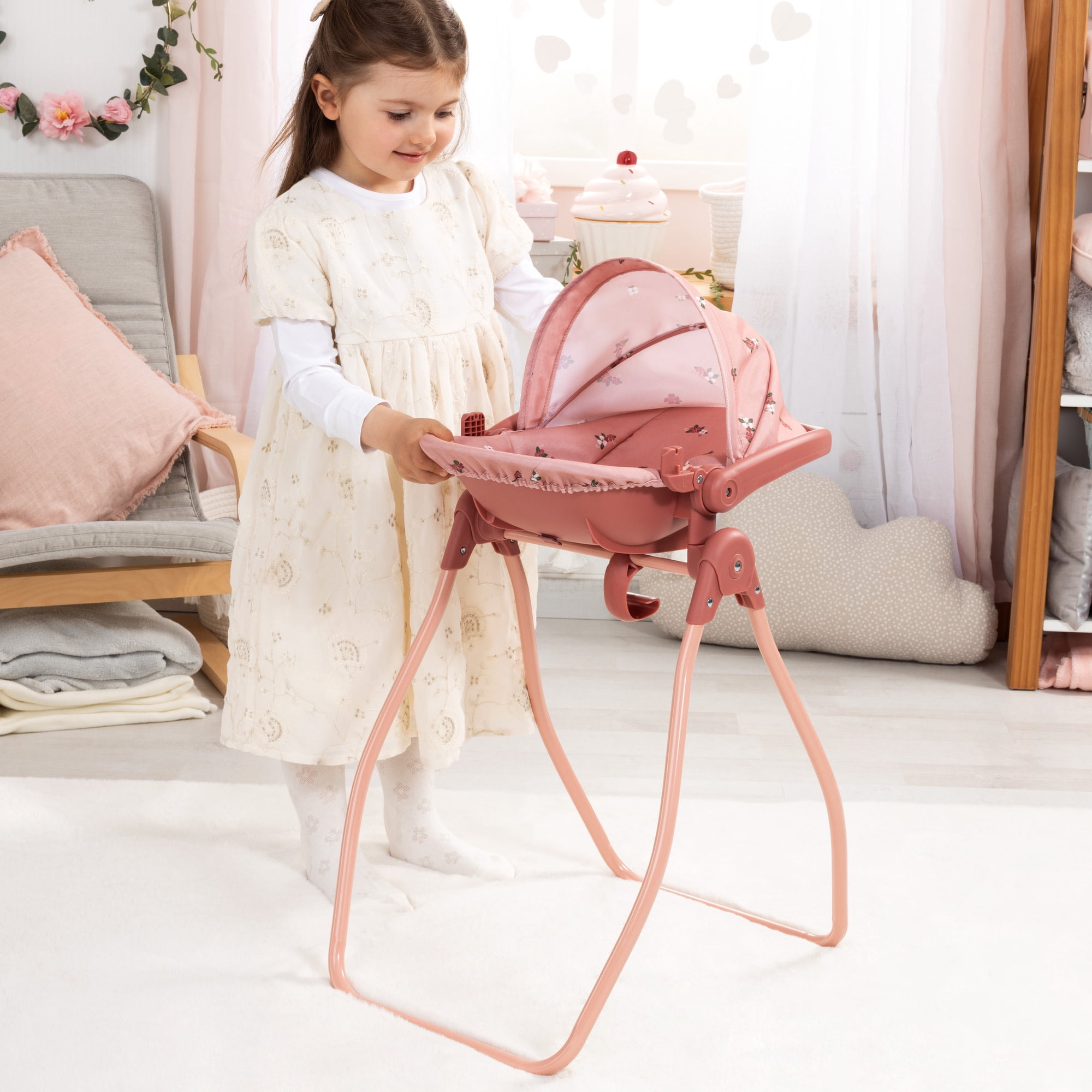 Bayer Design: Doll 4-In-1 Vario - Pink & Flowers - Convertible Toy: Highchair-Swing-Bed-Car Seat, All-In-1 Care Accessory Fits 18" Dolls, Kids 3+