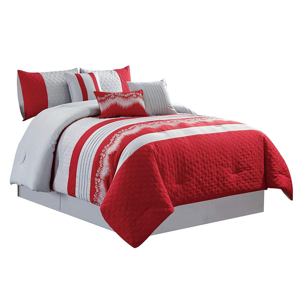 WPM Embroidered 7 Piece Bedding Set, Silver Grey, Red Comforter with Bed Skirt, Pillow Shams and