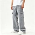 thumbnail image 4 of ITSAME Teen Boys Cargo Jeans Elastic Waist Straight Leg Multi-Pocket Loose Casual Denim Pants Gray Size 16, 4 of 8