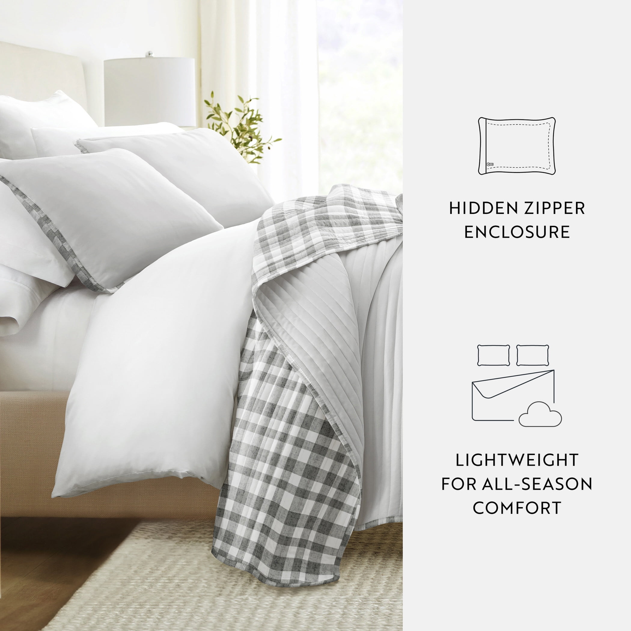 Noble Linens 3-Piece Gray Watercolor Plaid Reversible Quilt Set, Queen