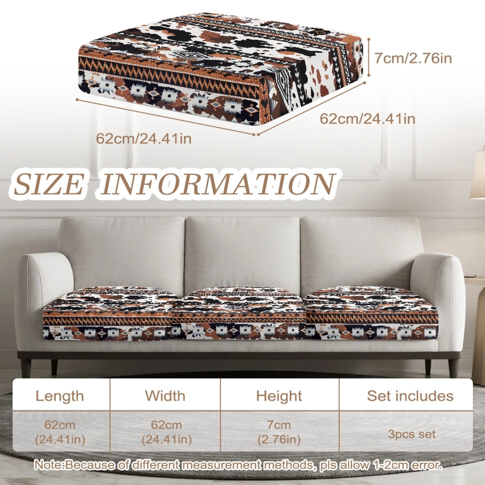 COEQINE Individual Seat Cushion Cover, Couch Cover for 3 Cushion Couch, Stretch Spandex Fabric Sofa Slipcover Pet Friendly Furniture Protector, 3-Seater, American Tribal Cow Print Brown Black