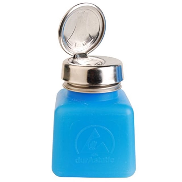 Menda 35282 One Touch Stainless Steel Liquid Dispenser Pump, ESD Safe durAstatic Square Bottle, 4 oz, High Density Polyethylene/Stainless Steel, Blue