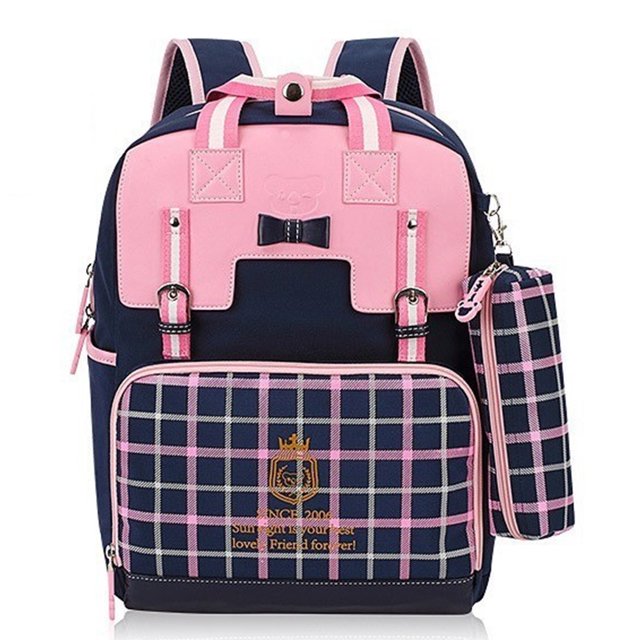 Girls Backpack Checked Large Capacity School Bag Travel Backpack with Pen Pouch