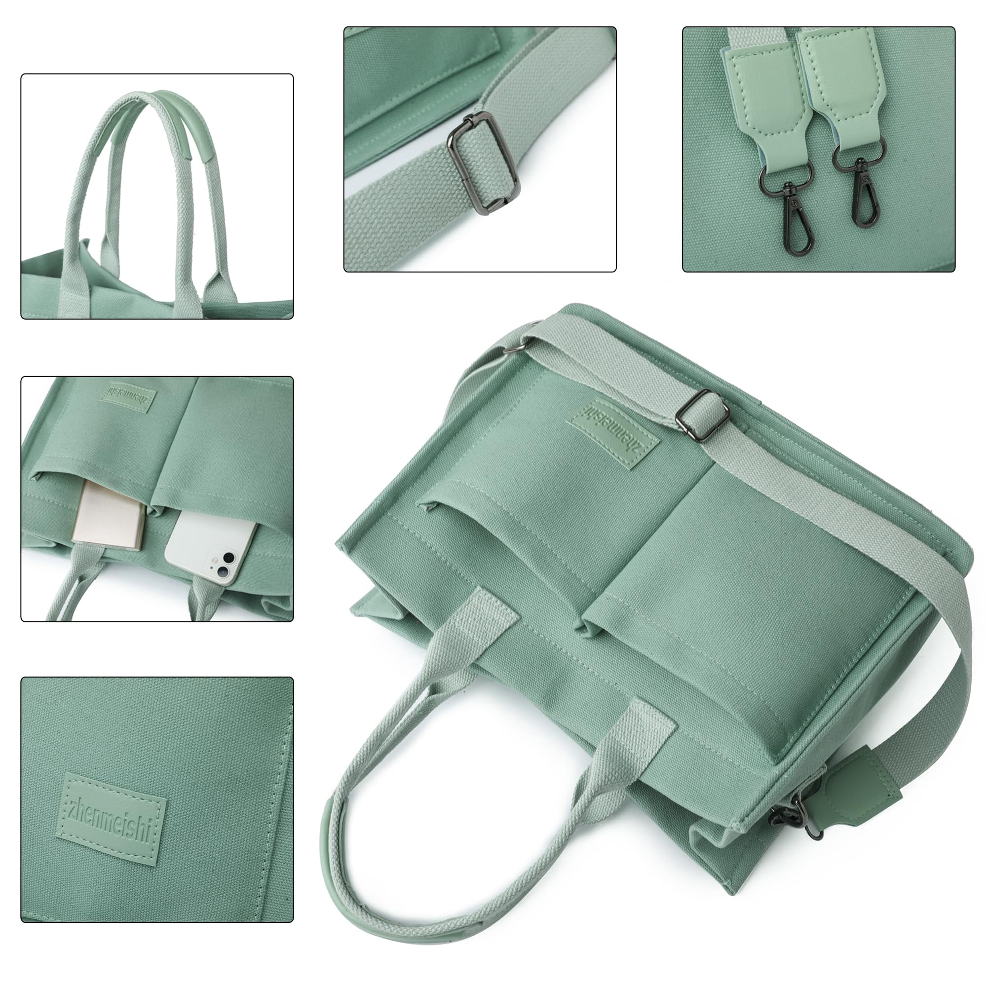 AOUNQ Canvas Tote Bag for Women Trendy Purse and Handbags Work Tote Bags with Pockets Crossbody Satchel Bag,Green