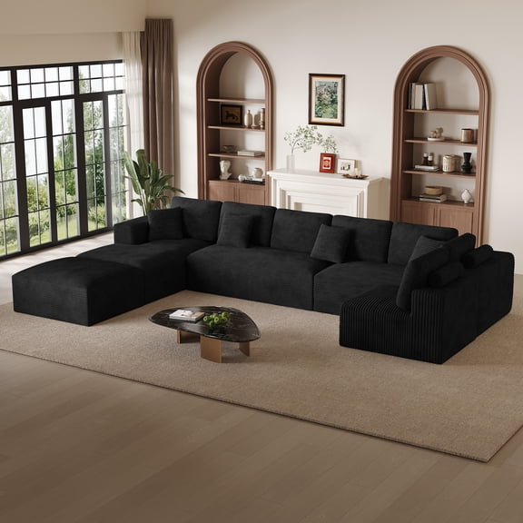 Wiilayok 177" Oversized Modular U Shaped Sectional Sofa, 8 Seat Deep Seat Corduroy Cloud Couch with Chaise & Ottoman, Luxury Family Lounge Couch for Living Room, Black