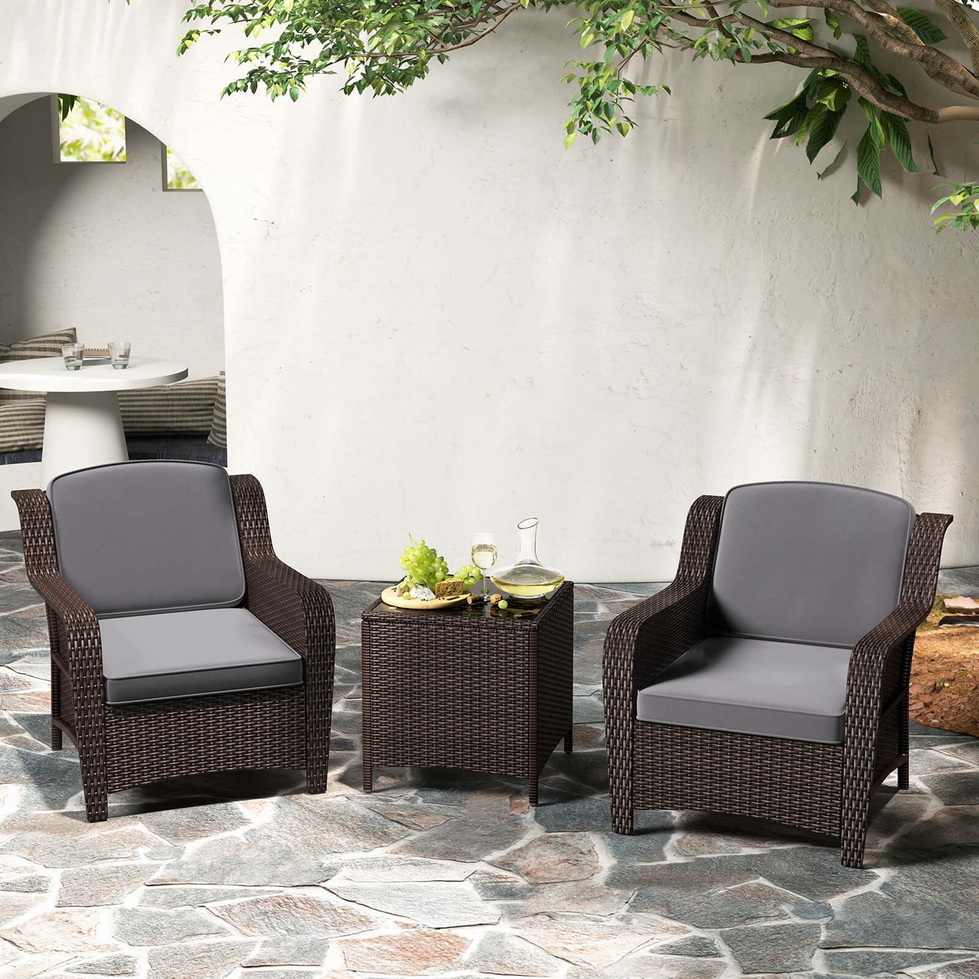 Costway 3 PCS Outdoor Patio Furniture Set with Cushions and Tempered Glass Coffee Table