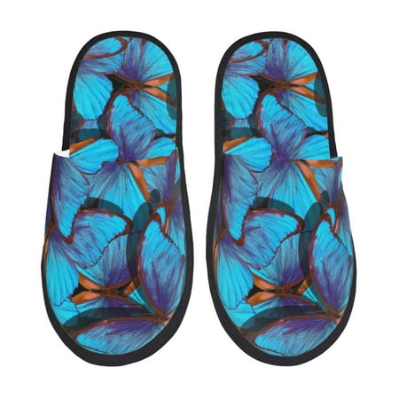 Balery Blue Butterflies Slient Indoor Furry Fleece Comfort House Shoes Soft Non-Slip Home Shoes Cotton slippers House Slippers-- Large