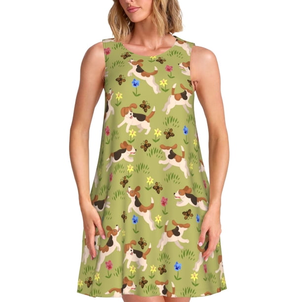 Fotbe Running Beagle Vestido de Verano sin Mangas para Mujer – Vestido Midi Línea A, Estilo Camiseta Floral, Vestido Playero Casual y Fluido