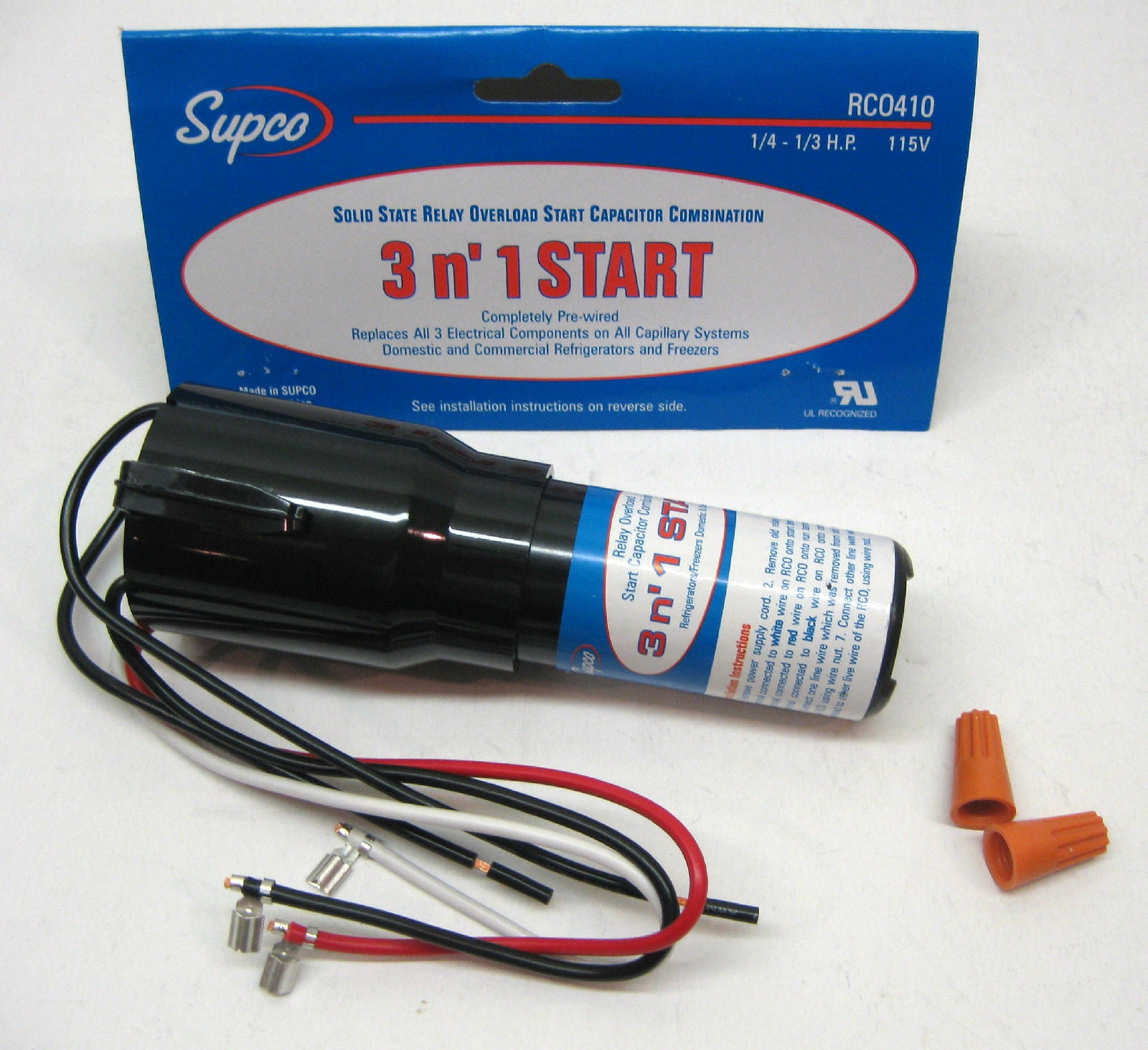 RCO410 3 in 1 Hard Start Capacitor Kit for Refrigerators & Freezers 1/4-1/3 H.P 