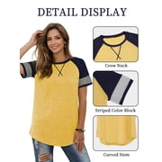 TEMOFON Summer Short Sleeve Tops for Women Color Block Casual Tunic Crew Neck Striped T Shirts Yellow Women Tops Size L