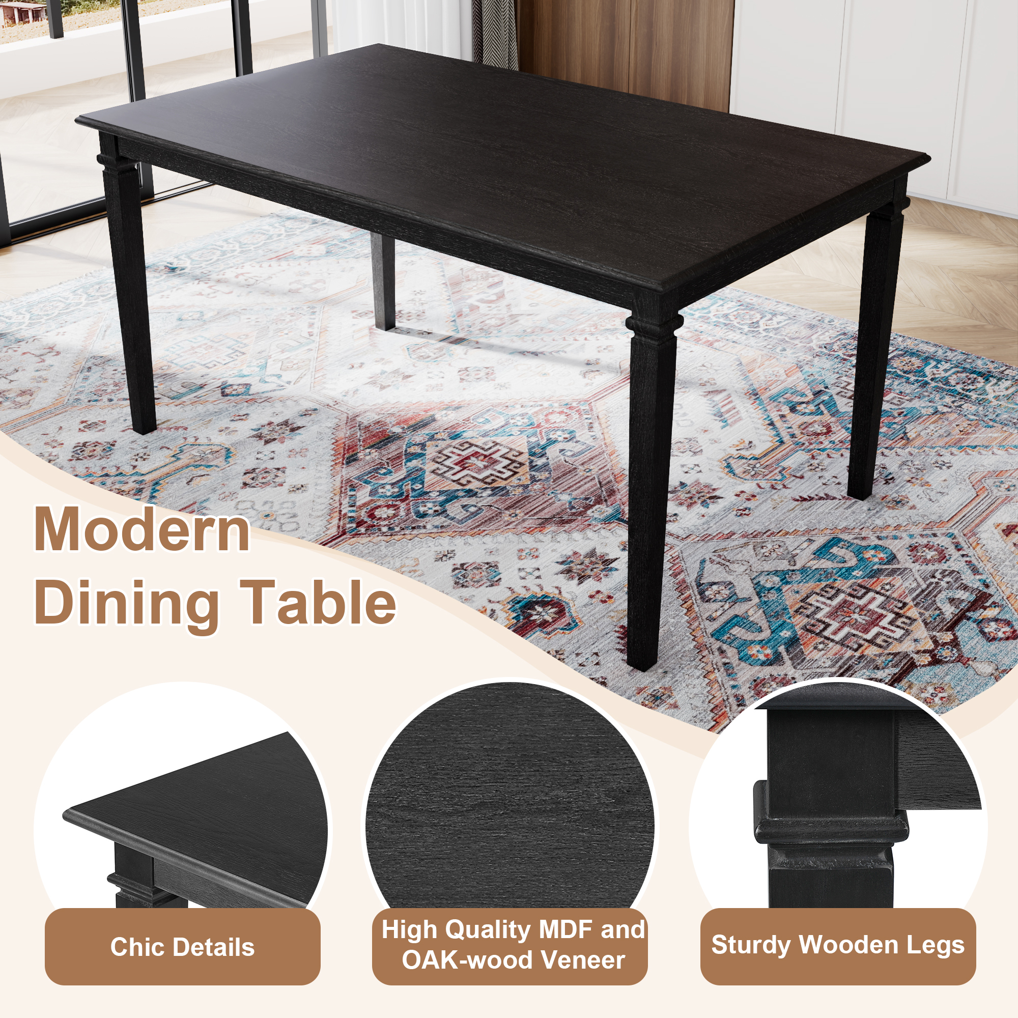 Euroco 6 Pieces Wood Dining Table Set with Bench,Retro Rectangular Table with 4 Upholstered Chairs & 1 Bench for Kitchen & Dining Room,Grey