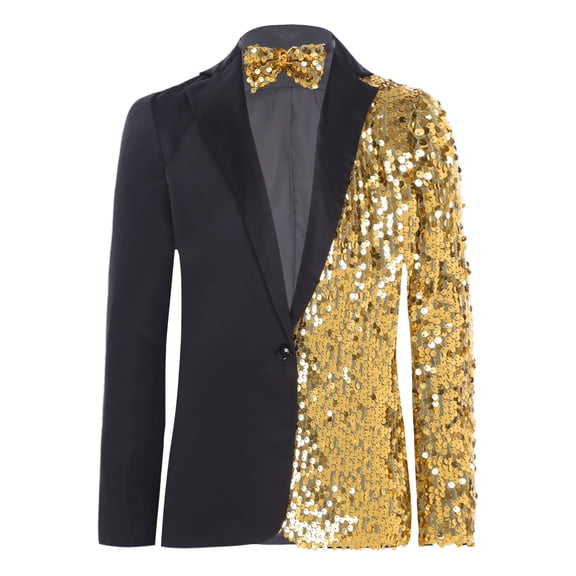 vastwit Boys Sequins Jackets Slim Fit Long Sleeve Pageant Prom Party Formal Suits Blazer with Sequins Bow Tie Gold 6