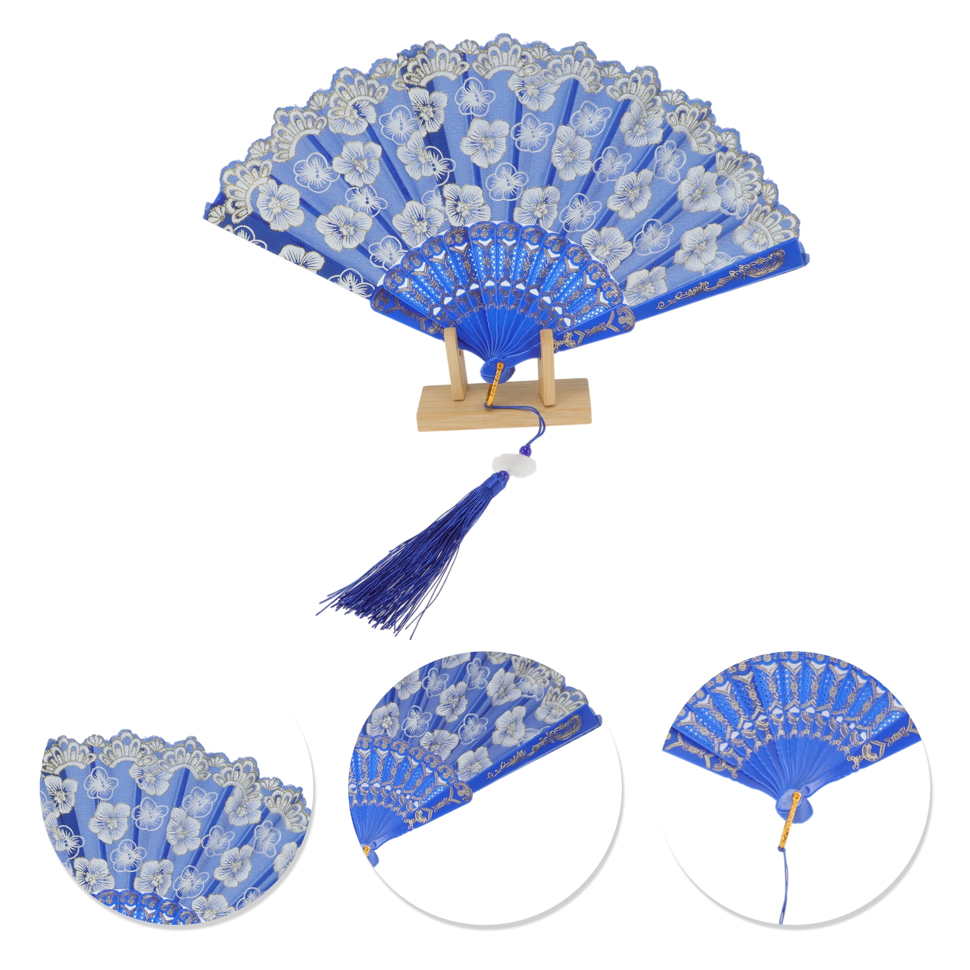 Unique Bargains Elegant Cherry Blossom With Tassel Folding Fan 1 Pc Blue