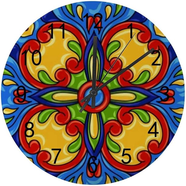 Wooden Wall Clock Kitchen Large Clocks Wall Mexican Talavera Ethnic Folk Silent NonTicking
