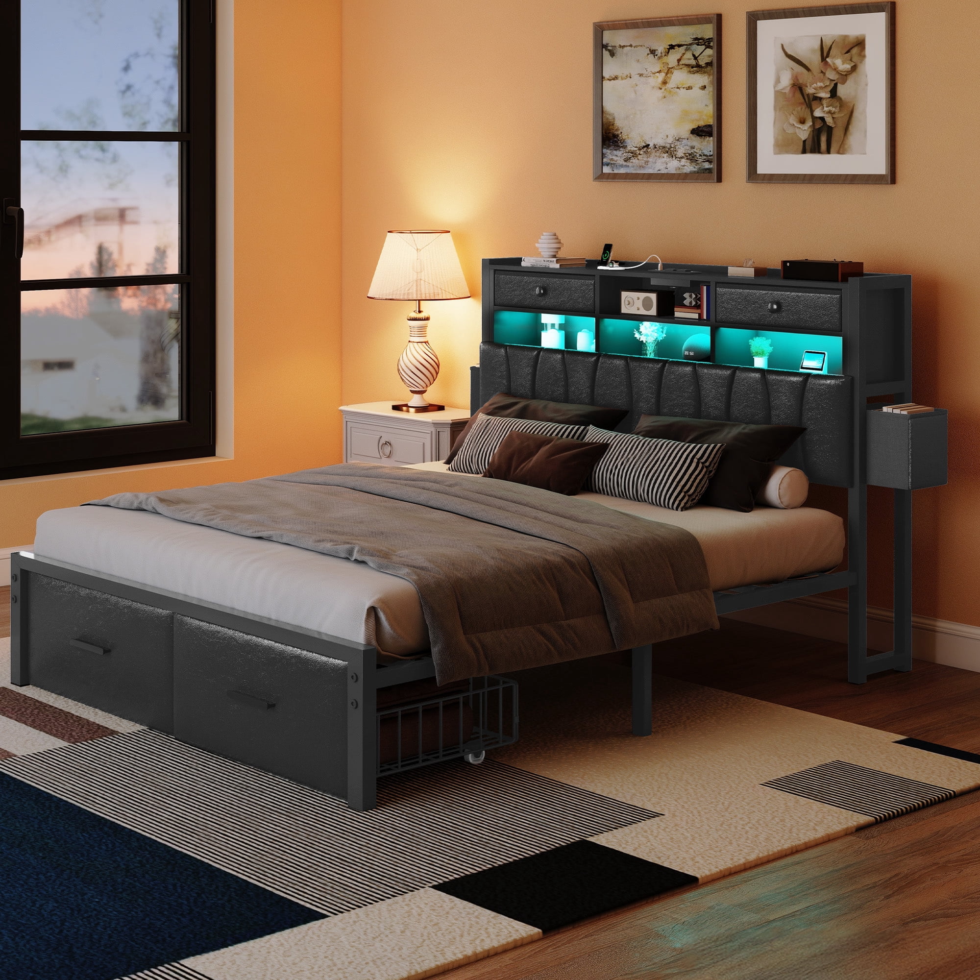 Uforic Queen Size Bed Frame with 2 Storage Drawers & Charging Station, PU Leather Upholstered Bed with Storage Headboard, LED Light, Heavy Duty Metal Support, Noise Free, No Box Spring Needed, Black