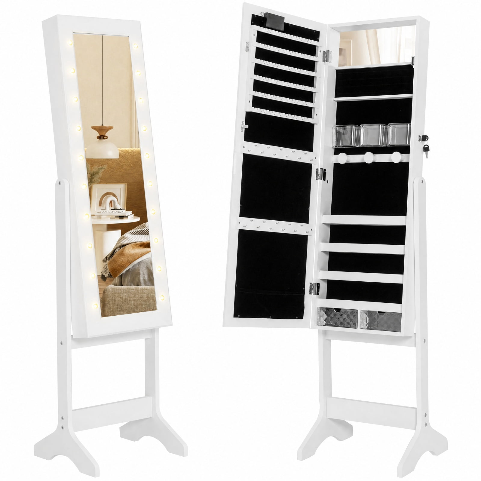 Furnibear Mirror Jewelry Cabinet with 20 Warm Lights and 4 Tilt Angles for Bedroom Dressing Room Jewelry Necklace Rings Storage Mirror, White