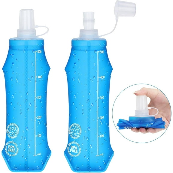 Troxlin 2pcs 500ml Soft Water Bottle for Running, BPA-Free Foldable Hydration Flask with Bite Valve & Dust Cap, Reusable Leakproof Sports Flask for Hiking, Trail Running, Gym