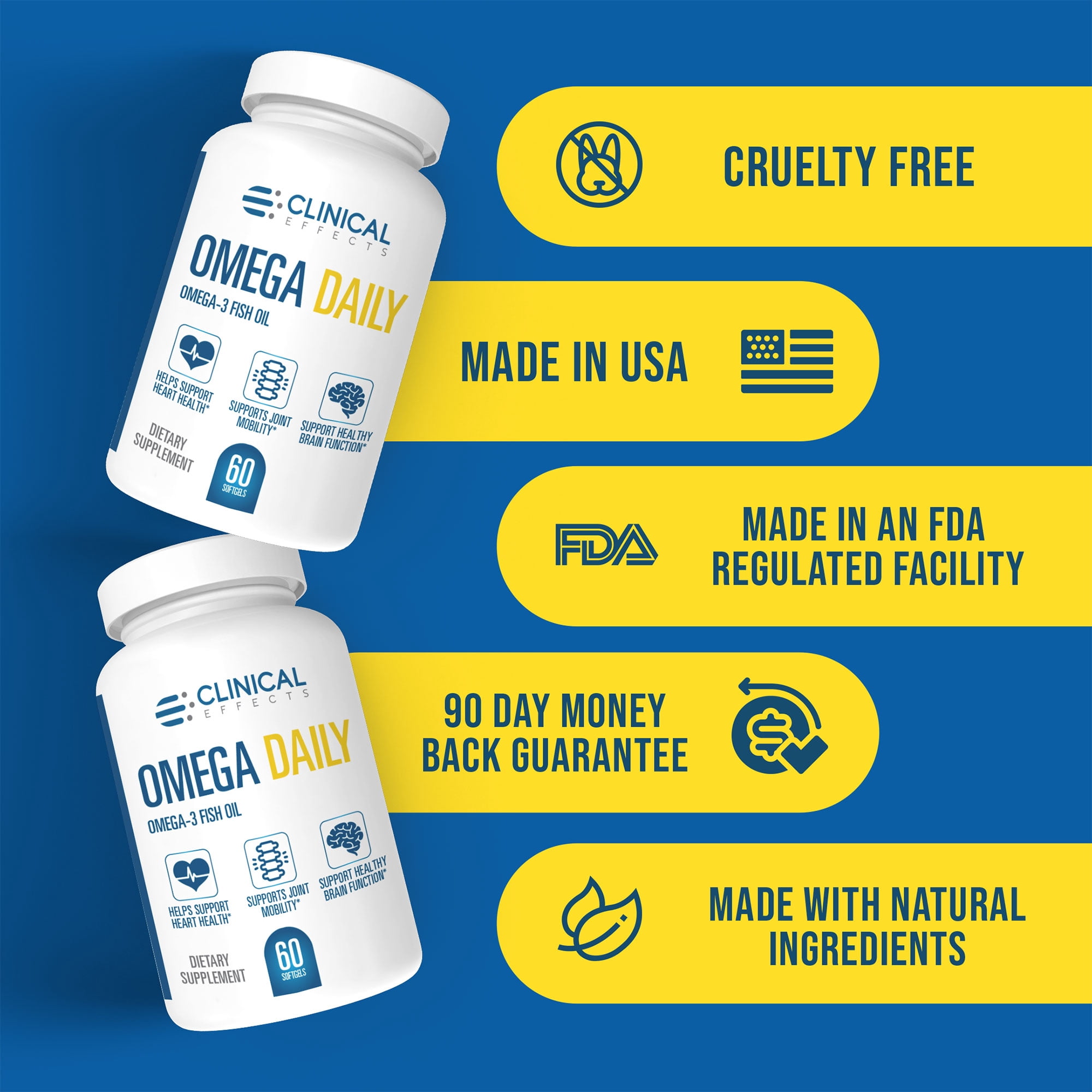 Clinical Effects Omega Daily - Fish Oil Softgels Supplement to Support a Healthy Brain, Heart and Body - 60 Capsules