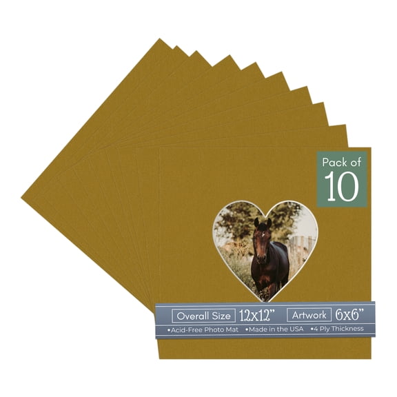 Metallic Gold Picture Frame Mat for 12x12 Frames - Heart Opening for 6x6 Photos - 10 Mats