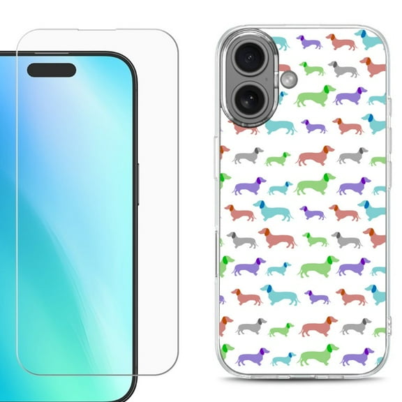 For iPhone 16 Phone Case Cover, Shockproof Case with Tempered Glass Screen Protector, by OneToughShield - Colorful Dachshund/Puppy