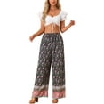 thumbnail image 2 of INSPIRE CHIC Women's Boho Floral Pants Beach Elastic Waist Palazzo Wide Leg Trouser with Pockets XS Navy Blue, 2 of 4