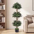 thumbnail image 2 of Gymax 51'' Artificial Triple Ball Boxwood Topiary Tree w/ 59 Blossoms for Porch Home Green & Black & Purple, 2 of 7