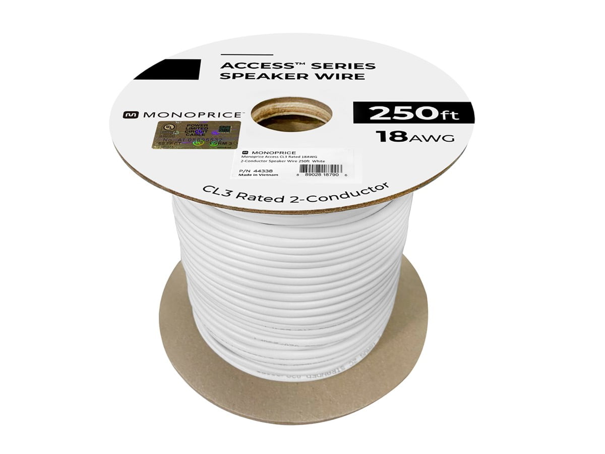Monoprice Speaker Wire, CL3 Rated, 2-Conductor, 18AWG, 250ft, White