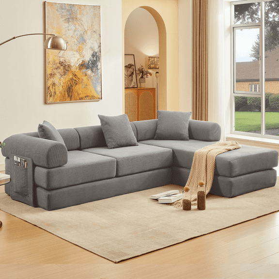 Muumblus L-Shape Convertible Floor Sofa Bed, Comfy Foldable Modular Sleeper Sectional Couch for Living Room, Bedroom, Gray Corduroy