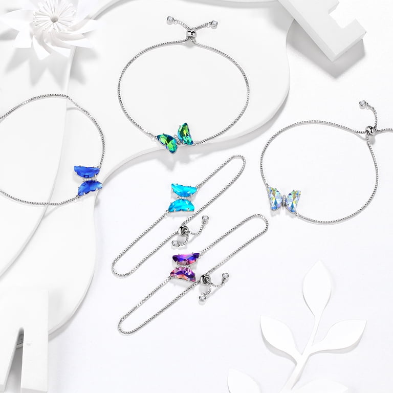 Juwaliy White Butterfly Bracelet, Sterling Silver, April Birthstone photo 4