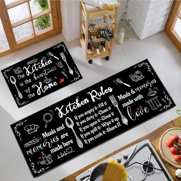 2 Piece Farmhouse Kitchen Rug Set, Black and White Style Theme Decor Kitchen Rugs, Non-Slip Absorbent Washable Floor Mats, Home Indoor Runner Carpet