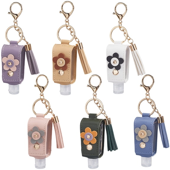 6Pcs 6 Colors Hand Sanitizer Key Chains Mini Empty Bottle Keychain 30ml PU Imitation Leather Small Flower Colorful Portable