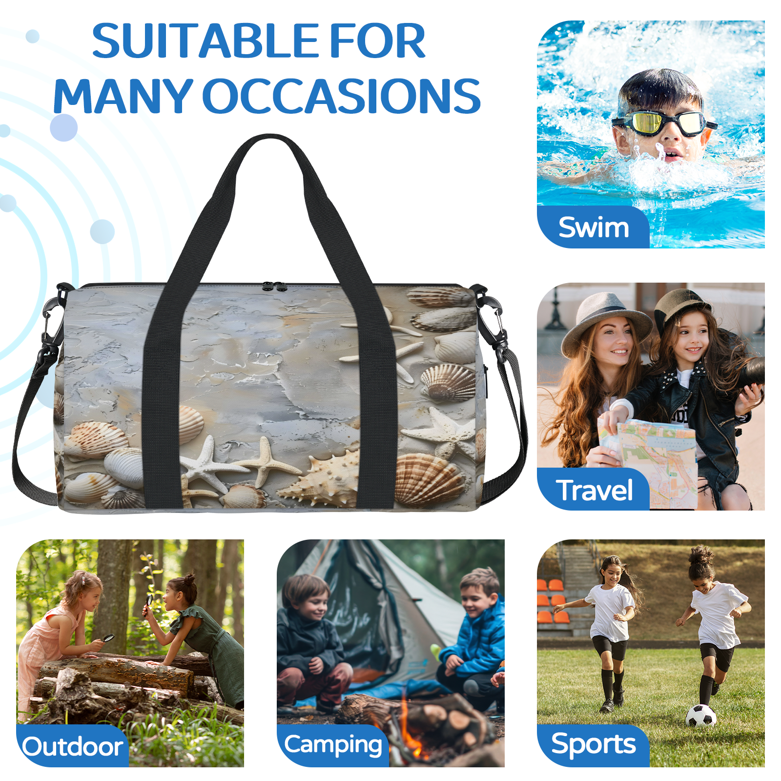 Herdesigns Seashell Starfish Ocean Beach Gym Bag for Women, Duffle Bag for Travel Sport, Lightweight Waterproof Carry on Weekender Overnight Dance Yoga Workout Bags
