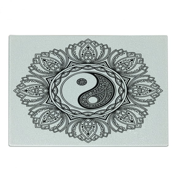 Ying Yang Cutting Board, Mandala Circle Floral Style Design Bohemian Print Yoga Arts, Decorative Tempered Glass Cutting and Serving Board, Small Size, Black White, by Ambesonne