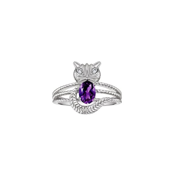 RYLOS Rings for Women 14K White Gold CAT Ring Oval 7X5MM Gemstone & Sparkling Diamonds February Amethyst Jewelry Size 5
