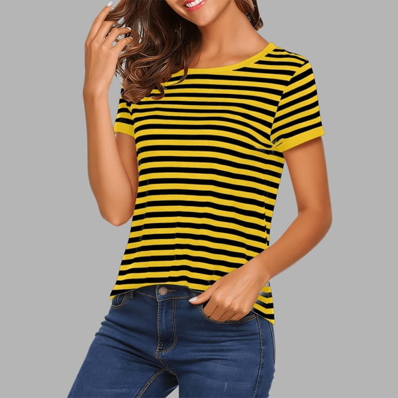Sokhug Round Neck Striped Short Sleeve Women's T Shirt Casual Loose Fit Lightweight Summer Tee Soft Comfy Basic Summer Blouse