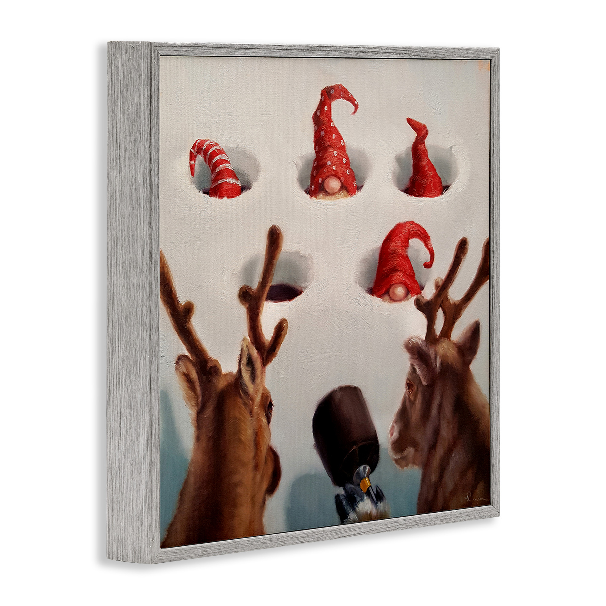 Stupell Industries Holiday Whack an Elf Humor Animals & Insects Painting Gray Framed Art Print Wall Art, 24 x 24