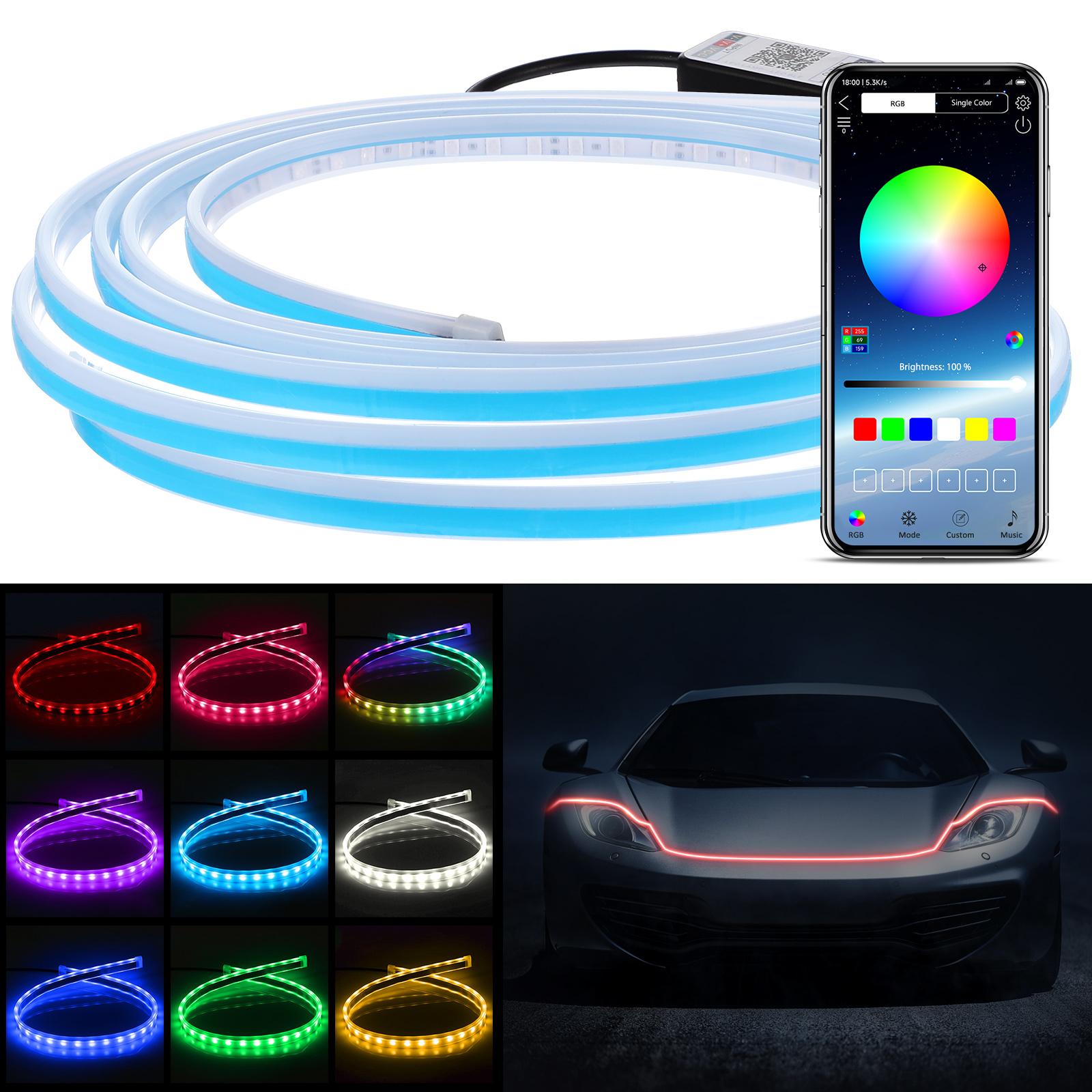 Car RGB LED Hood Light Strip App Control Engine Cover Daytime Running