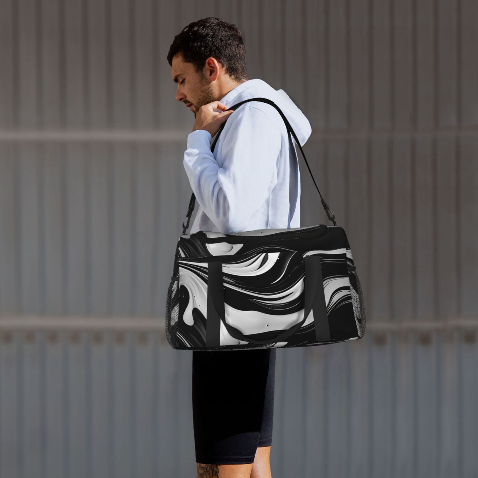 Kuqiui Abstract Black White Swirls Print Foldable Travel Duffel Bag Tote Carry on Luggage Bag Personal item Sports Gym Bag Water Resistant Weekender Overnight Bags for Women and Men