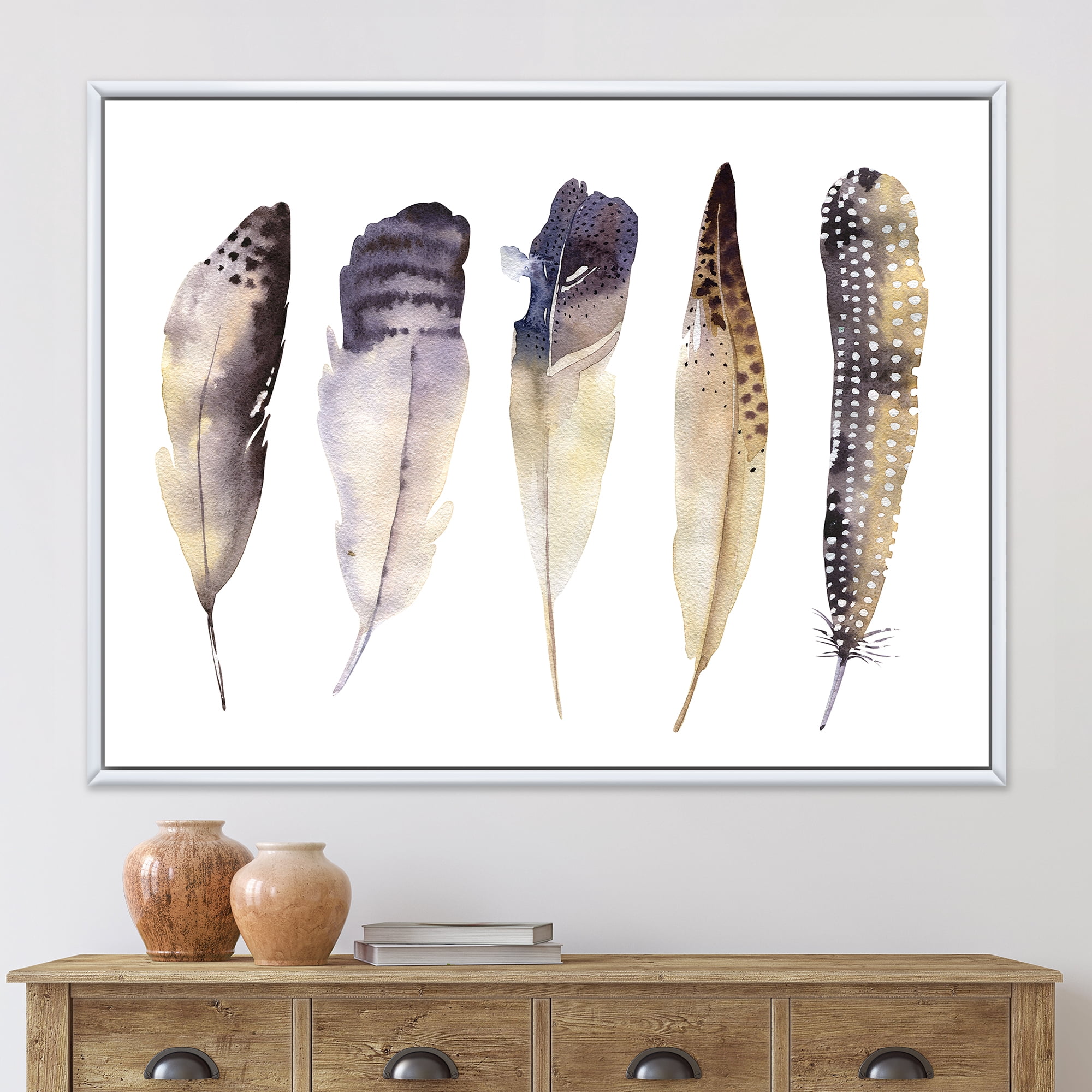 Designart 'Dark Gray Feathers Boho Ethnic II' Bohemian & Eclectic Framed Canvas Wall Art Print