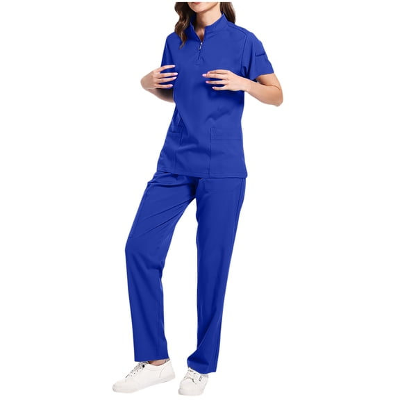 MELDVDIB Womens Scrubs Suit Set Casual Homewear Solid Color Short Sleeve V neck Top & Straight Leg Jogger Pants Half-Zip Pullover Tops with Pocket
