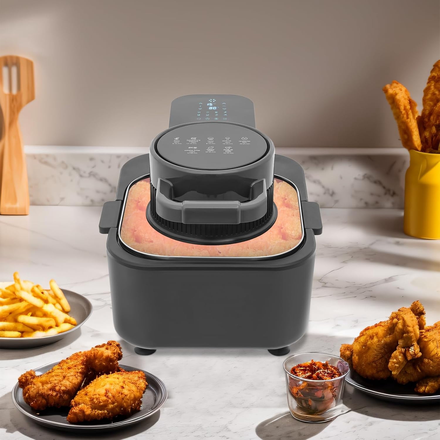 9L Portable Digital Air Fryer with Touch Screen, 1350W Countertop Air Fryer Non Toxic, Large Capacity 360° Roasting Basket for Chicken Fries, Grill, Dry, Roast, Heat - Automatic Power Off, Black