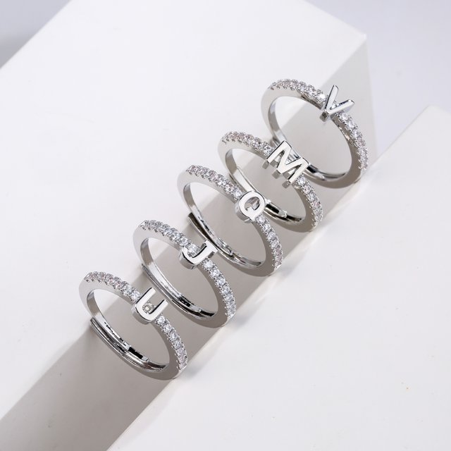 Anillo de letras con microincrustaciones de joyería, anillo de circonita con 26 letras en inglés, apertura ajustable, accesorio versátil