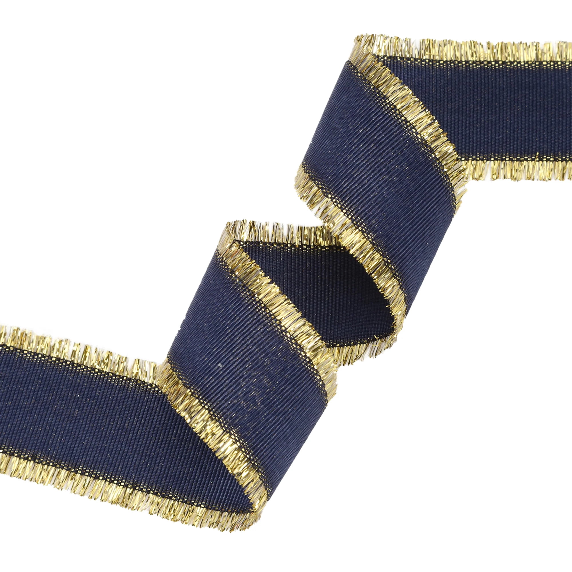 LaRibbons 1" Textured Grosgrain Ribbon | Gold Metallic Fringe Navy | 25 Yard Roll