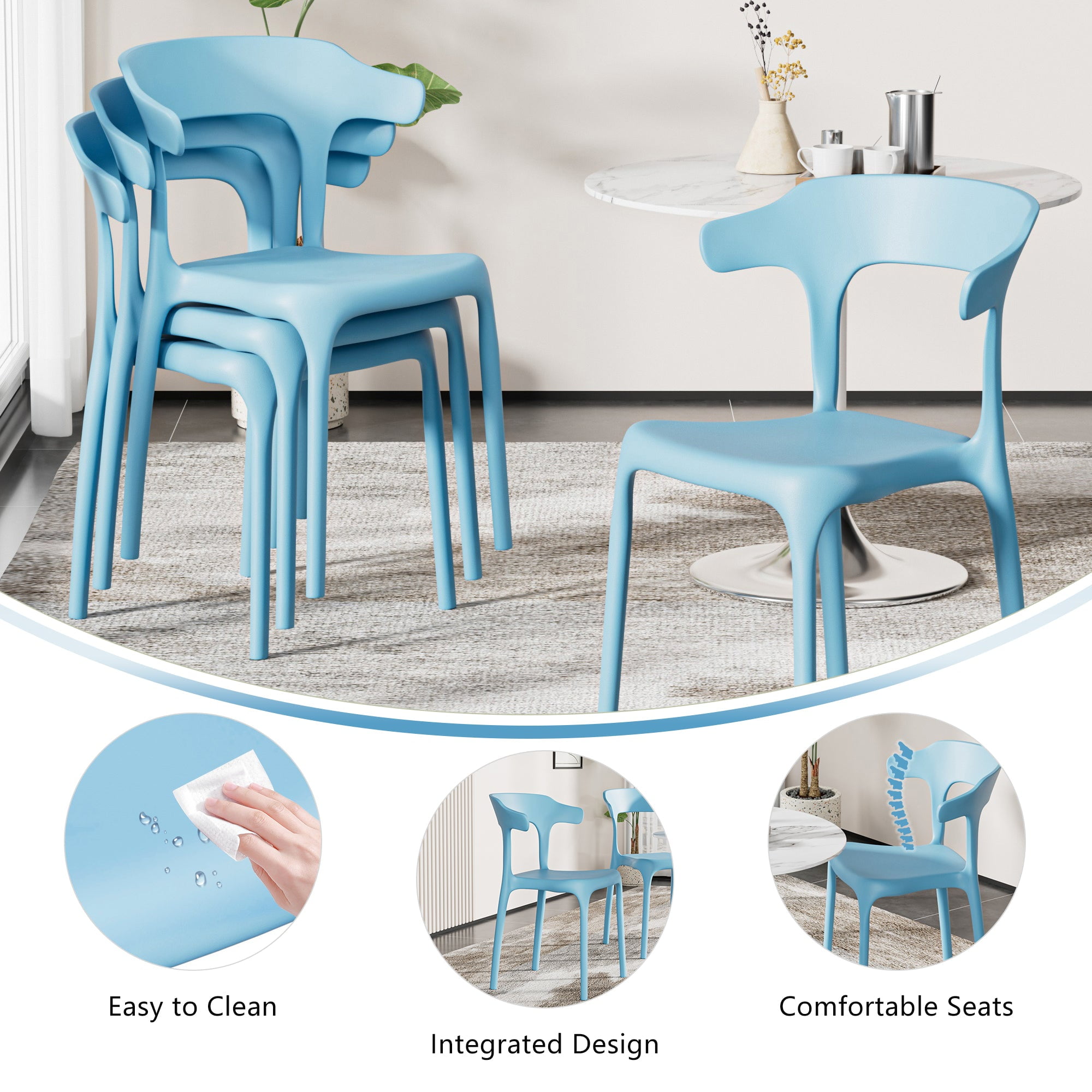 VECELO Stackable Patio Dining Chair Set of 4, Outdoor/Indoor Dining Chairs for Restaurant, Poolside and Garden, No Assembly, Blue
