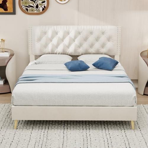 Full Size Upholstered Bed, Suede Velvet Tufted Headboard Platform Bed Frame, Modern Casual Bedroom Bed with Sturdy Structure, Beige