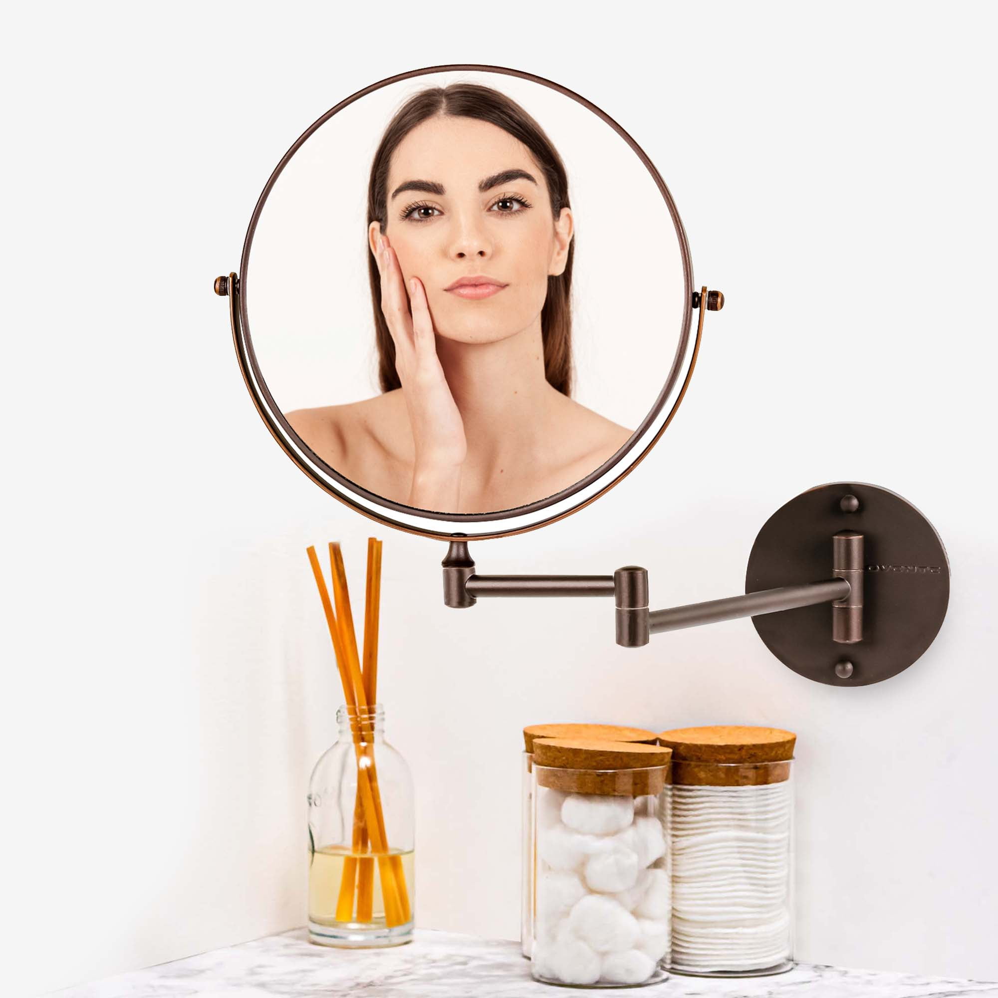 OVENTE 9" Wall Mount Makeup Mirror - Two-Sided with Adjustable Magnification and Folding Arm MNLFW90ABZ1X7X