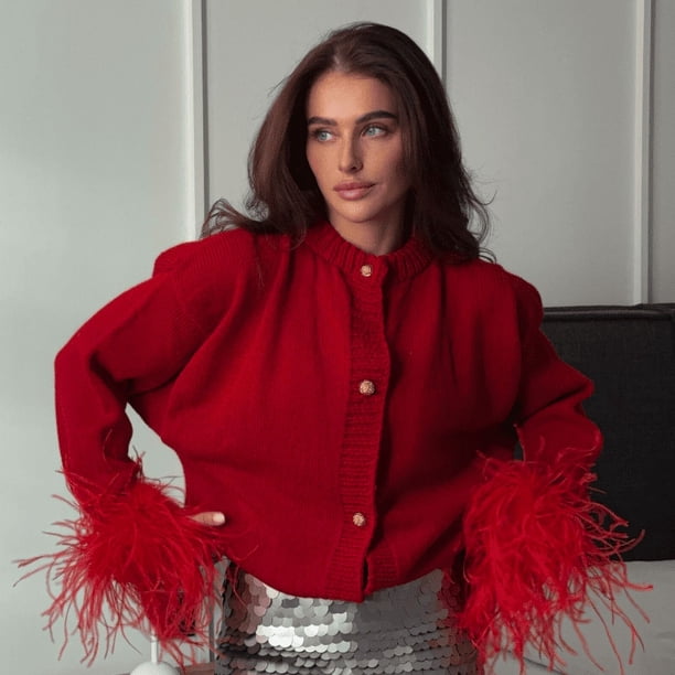 Cárdigan de punto de manga larga con plumas de retazos rojos para mujer, suéter grueso ajustado con cuello redondo, trajes elegantes para viaje